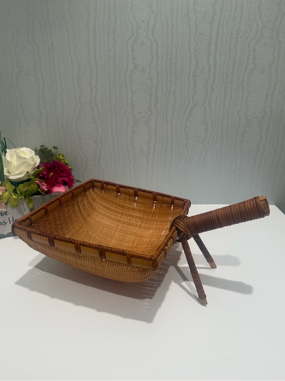 Vintage Hand Woven Square Basket Handle & Support Legs Farmhouse Cottagecore